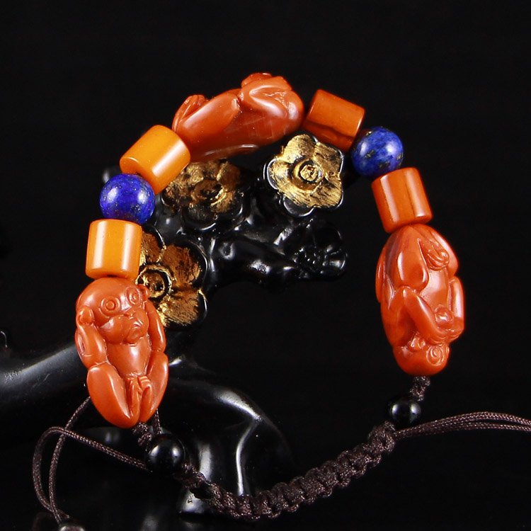 Chinese Natural Nanhong Agate Three Monkeys Bracelet (1 of 5)