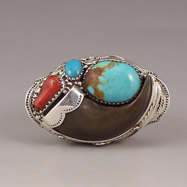 Chinese Silver Inlay Bear Claw & Turquoise King Ring (1 of 8)