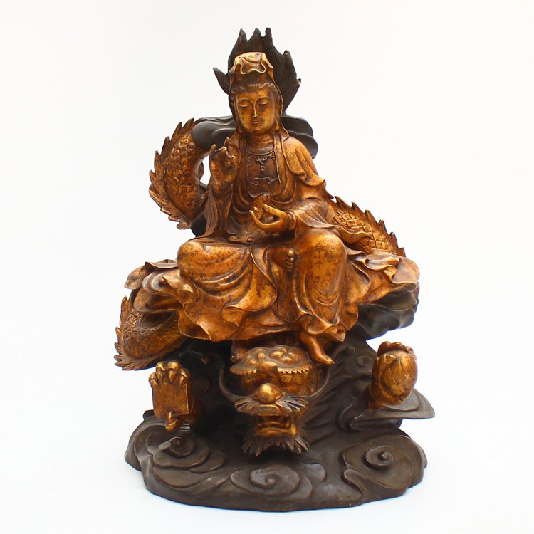 Chinese Gilt Gold Bronze Statue - Kwan-yin & Dragon: 中國 鍍金青銅觀音擺件 Vintage Chinese Gilt Gold Bronze Statue - Kwan-yin & Dragon Dimension: 330*210*440(mm) 12.99*8.27*17.32(in) Weight 24.