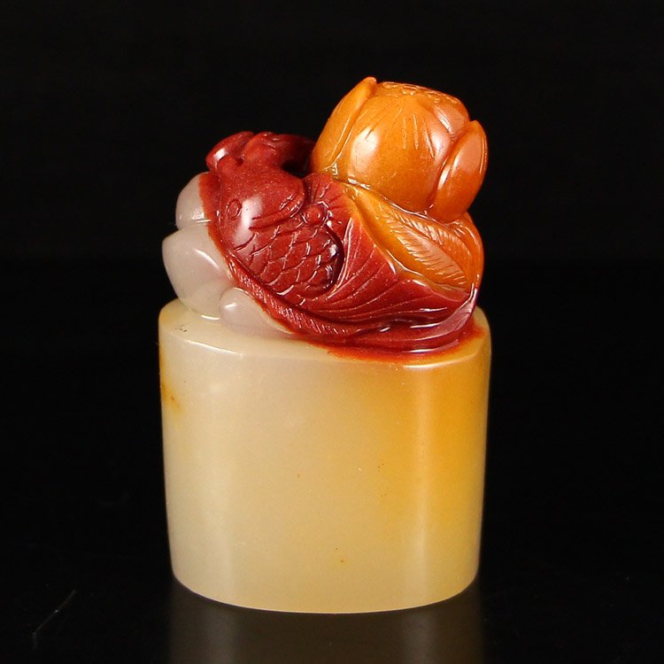Chinese Natural Jade Seal Carved Carp & Lotus (1 of 6)