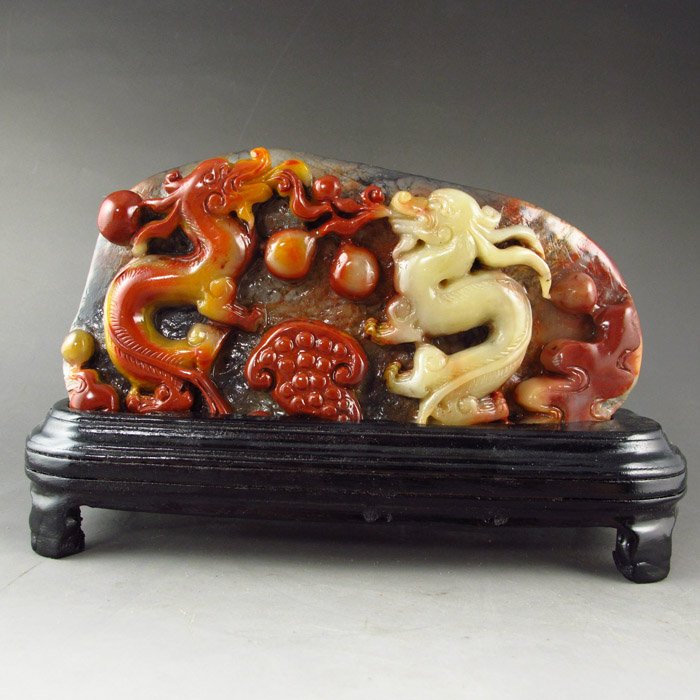 Chinese Shoushan Stone Statue w Dragons & Ball: Chinese Natural Shoushan Stone Statue w Dragons & Ball Dimension: 164*87*29(mm) 6.46*3.43*1.14(in) Weight 1.19 lbs/540 g Tips about Shoushan Stone Chinese Fujian Shoushan stone is one of four Chinese 