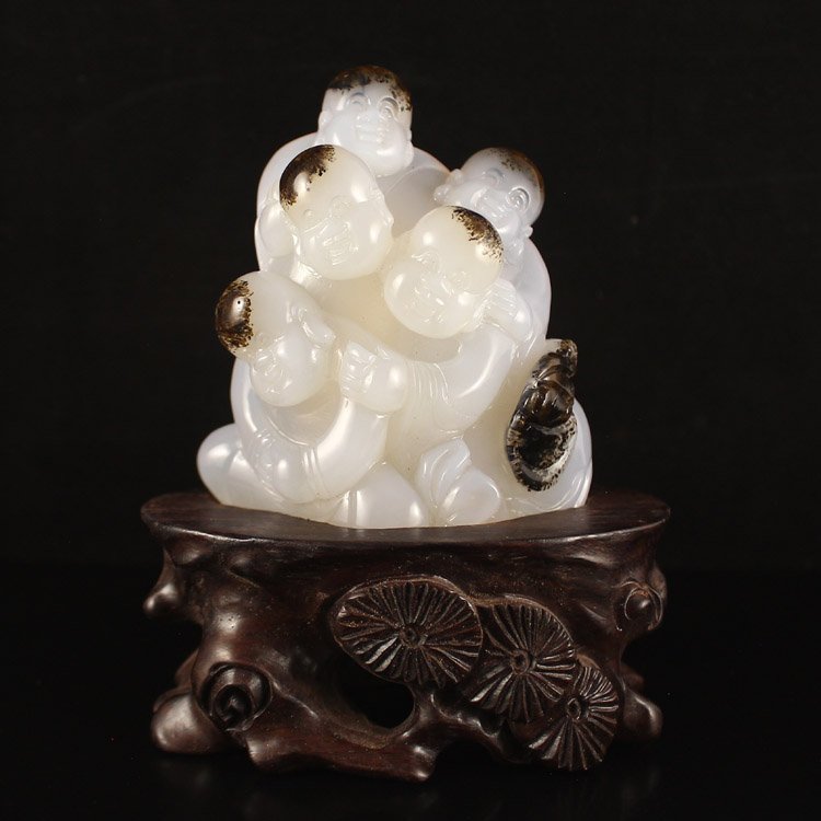 Chinese Natural Float Grass Agate Statue - Fortune Kids (1 of 6)