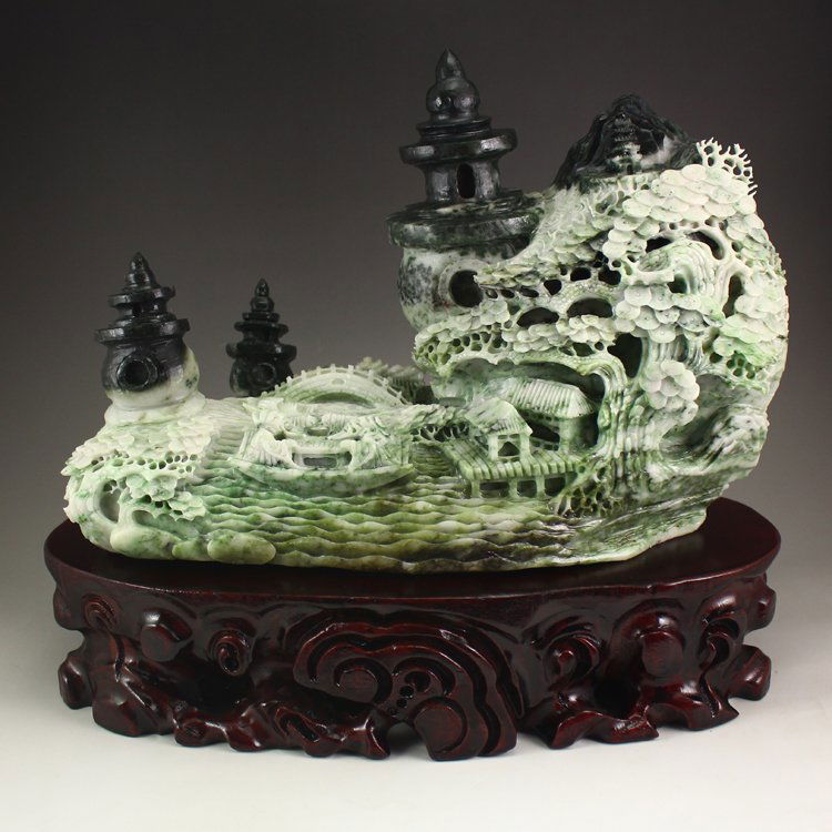 Superb Chinese Natural Dushan Jade Statue: Superb Chinese Natural Dushan Jade Statue - Mountains and Rivers Scenery Dimension: 290*110*110(mm) 11.42*4.33*4.33(in) Weight 11.08 lbs/5028 g Tips about Dushan Jade Chinese Dushan jade has pure qual