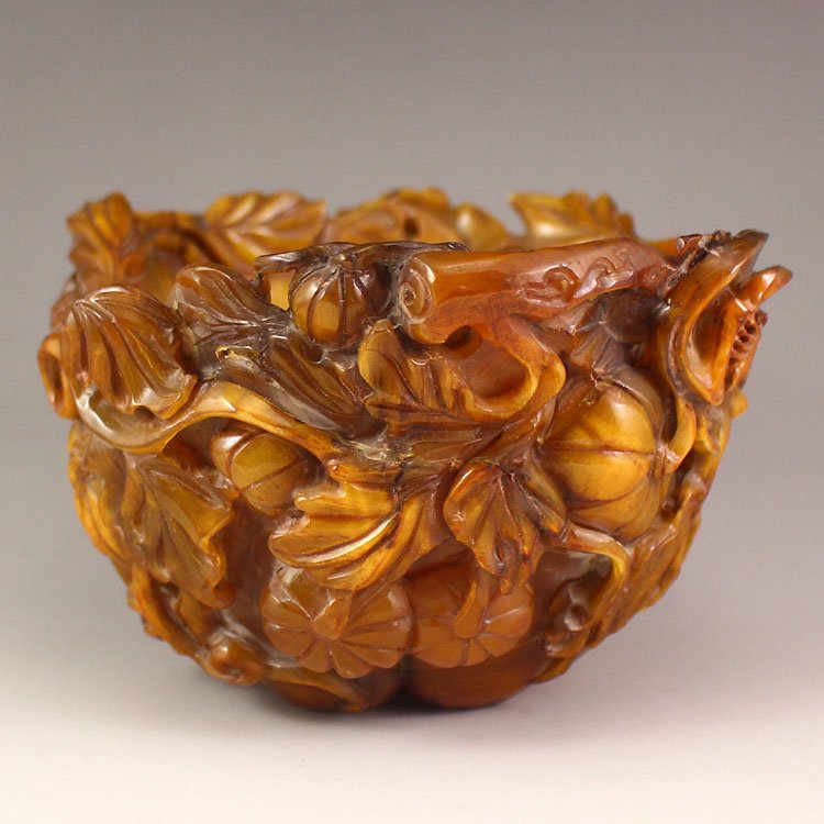 Chinese Ox Horn Bowl Carved Pumpkins & Insect (1 of 9)