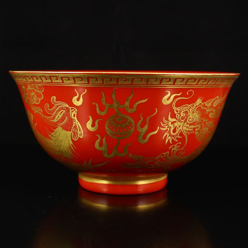 Chinese Gilt Gold Red Glaze Porcelain Bowl (1 of 6)