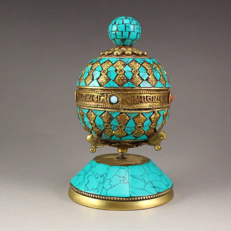 Chinese Tibet Brass Inlay Turquoise Buddhist Sutras Box (1 of 6)