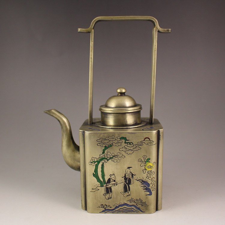 Chinese Bronze Teapot w Teacher & Student (1 of 9)