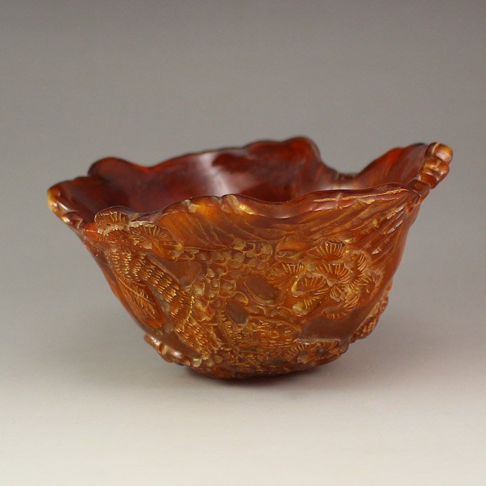 Chinese Ox Horn Bowl Carved Squirrels & Pine Tree (1 of 7)