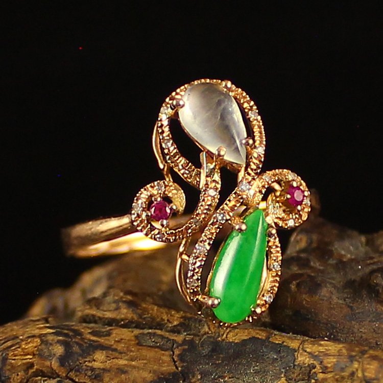 18K Gold Inlay Natural Jadeite Diamond Ring (1 of 8)