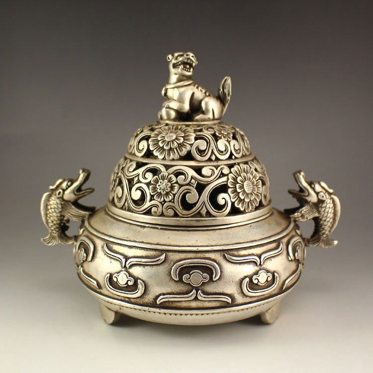 Chinese White Copper 3 Legs Incense Burner w Lion Lid (1 of 9)
