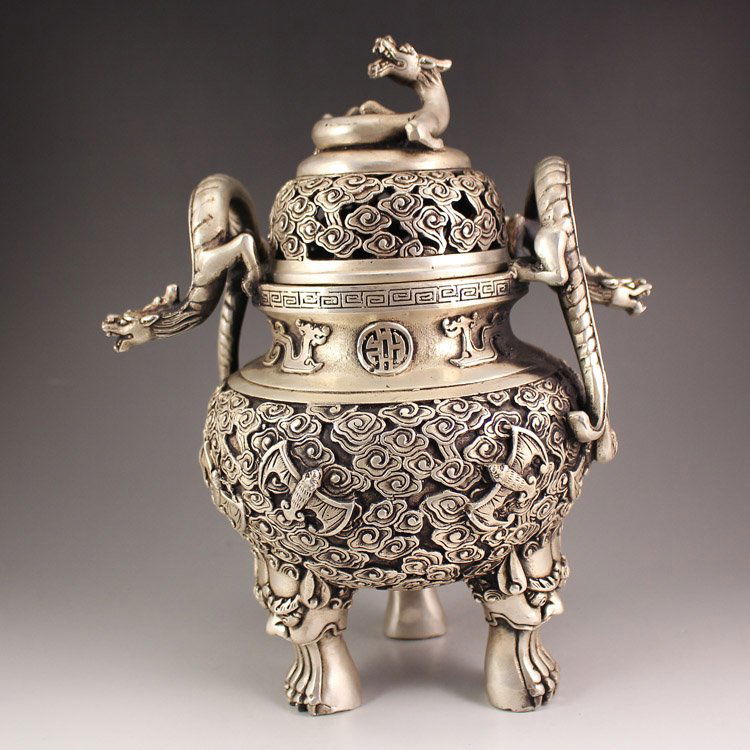 Chinese White Copper 3 Legs Incense Burner w Dragon Lid (1 of 10)
