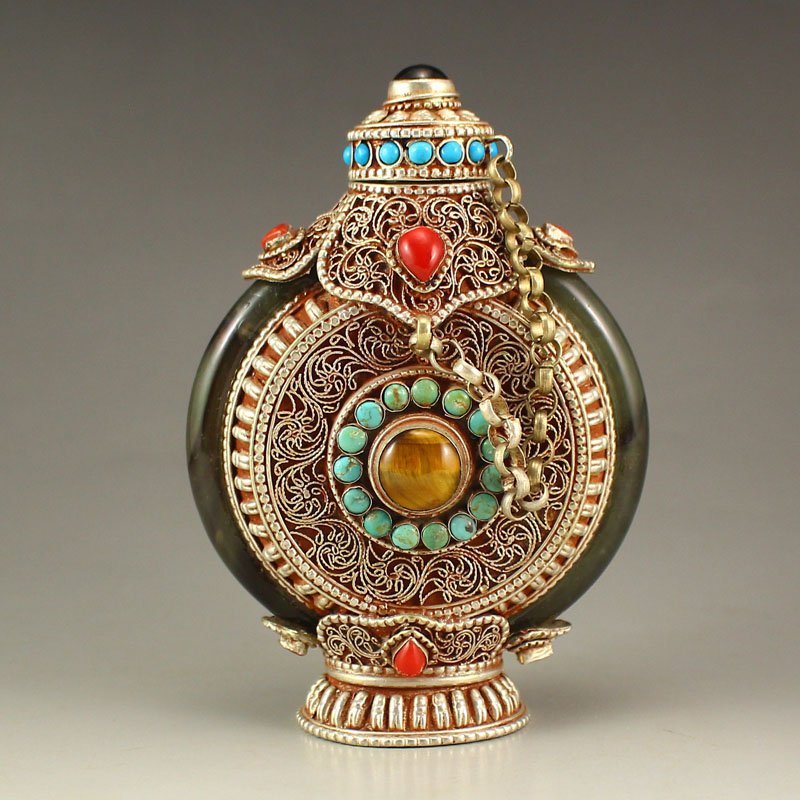 Chinese Tibet Silver Inlay Gem & Jade Snuff Bottle (1 of 8)