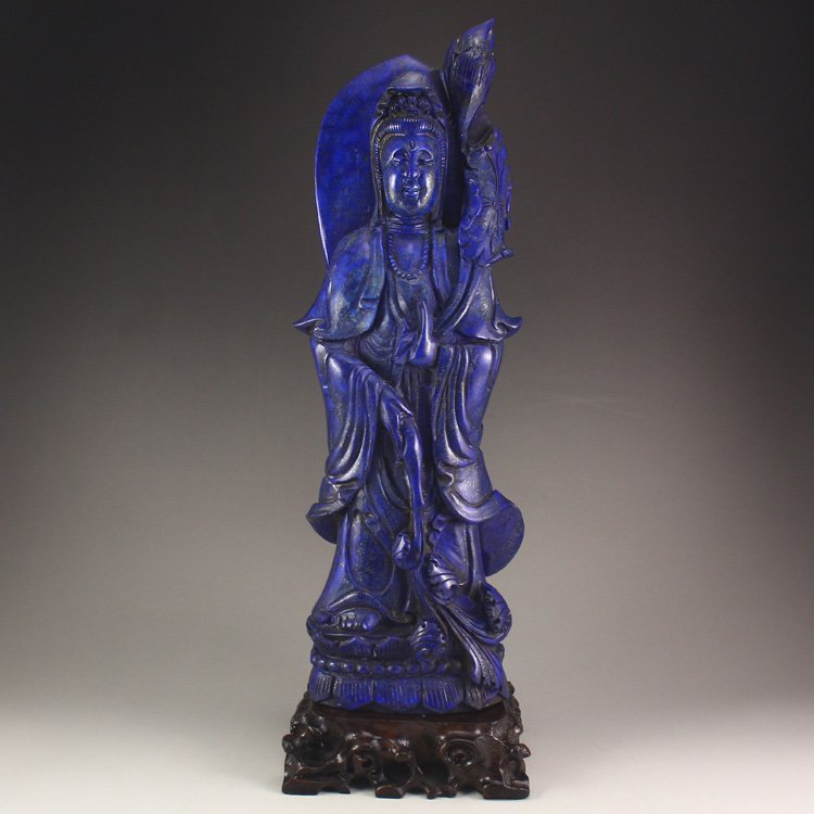 Chinese Lapis Lazuli Lotus Kwan-yin Statue: Chinese Lapis Lazuli Lotus Kwan-yin Statue Dimension: 330*110*50(mm) 12.99*4.33*1.97(in) Weight 5.28 lbs/2395 g The total weight does not include the base. The base is not included after you have won 