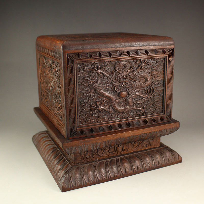 Vintage Chinese Zitan Wood Seal Box w Dragons & Balls (1 of 6)