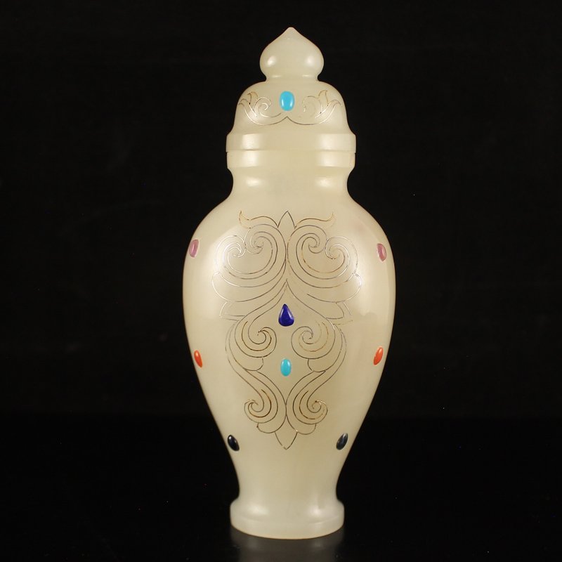 Chinese Hetian Jade Inlay Silver Wire & Gemstone Vase (1 of 8)