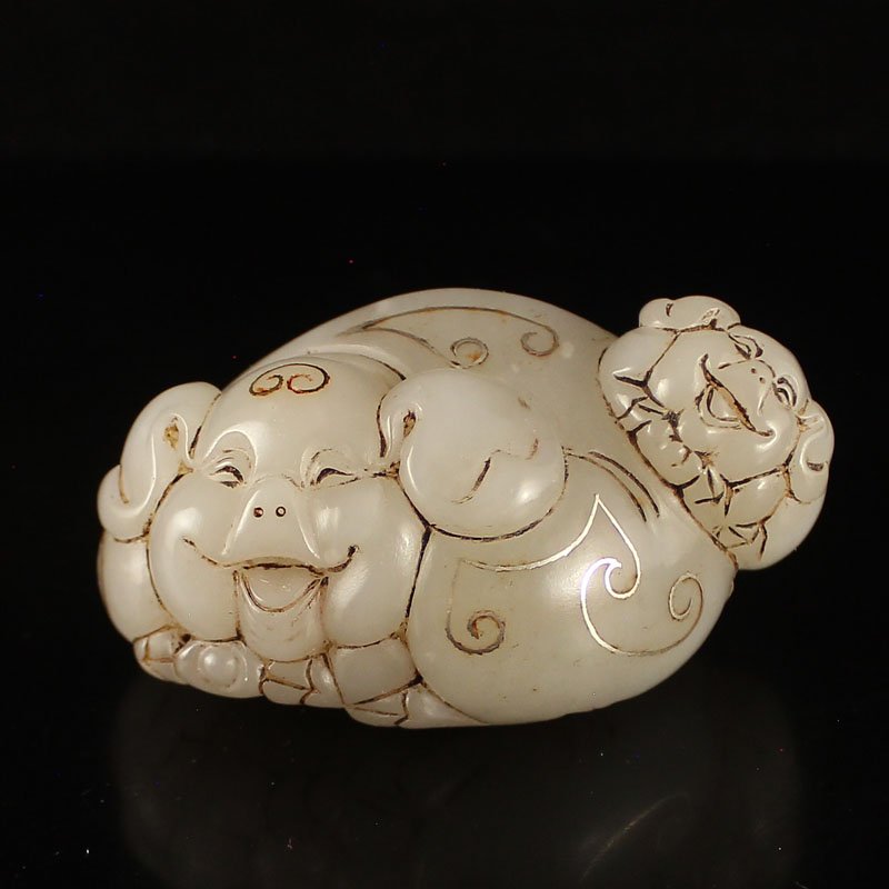 China Hetian Jade Inlay Silver Wire Fortune Pigs Statue (1 of 7)