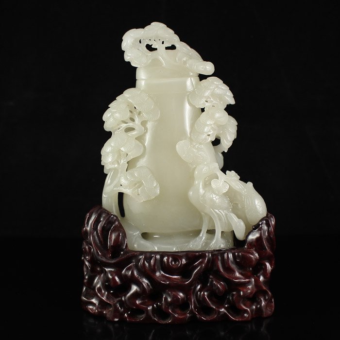 Chinese High Relief Hetian Jade Vase - Crane &Pine Tree (1 of 10)
