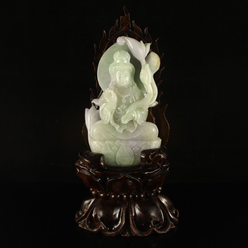Superb Jadeite Lotus Flower Kwan-yin Statue (1 of 7)