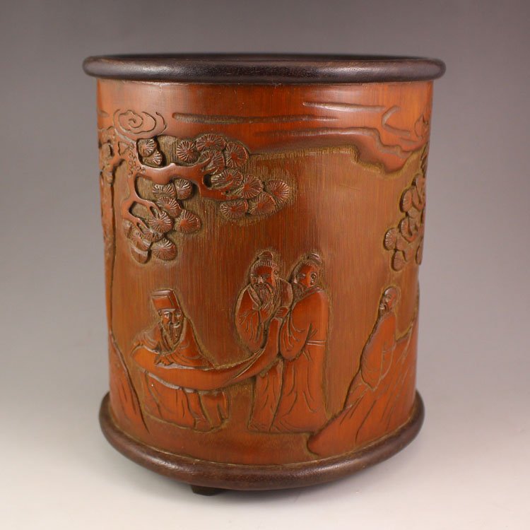 Chinese Bamboo Brush Pot Carved Sages Meeting (1 of 8)