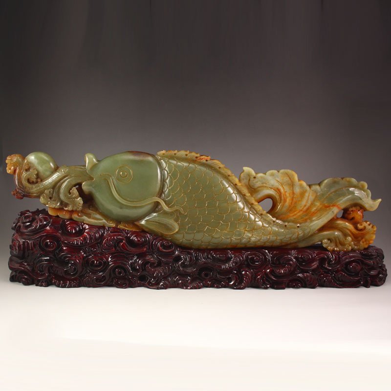 Vintage Chinese Qing Dy Hetian Jade Fortune Fish Statue (1 of 6)