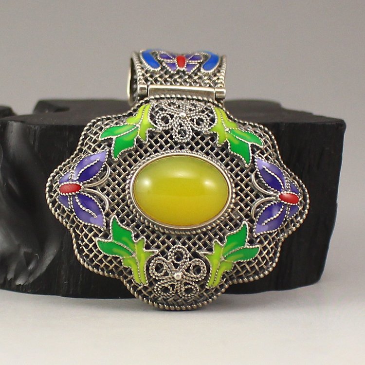 Chinese 925 Silver Cloisonne Inlay Jade Pendant (1 of 6)