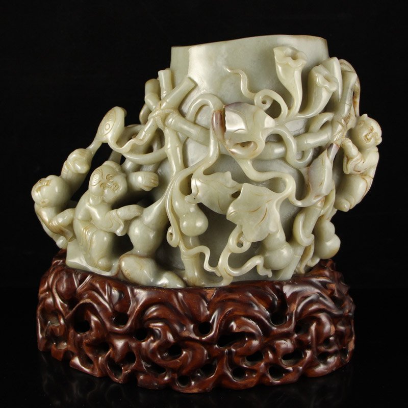 Openwork Chinese Hetian Jade Urchin Big Brush Pot (1 of 6)