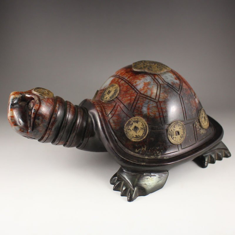 Vintage Chinese Jade Inlay Coins Fortune Turtle Statue (1 of 7)