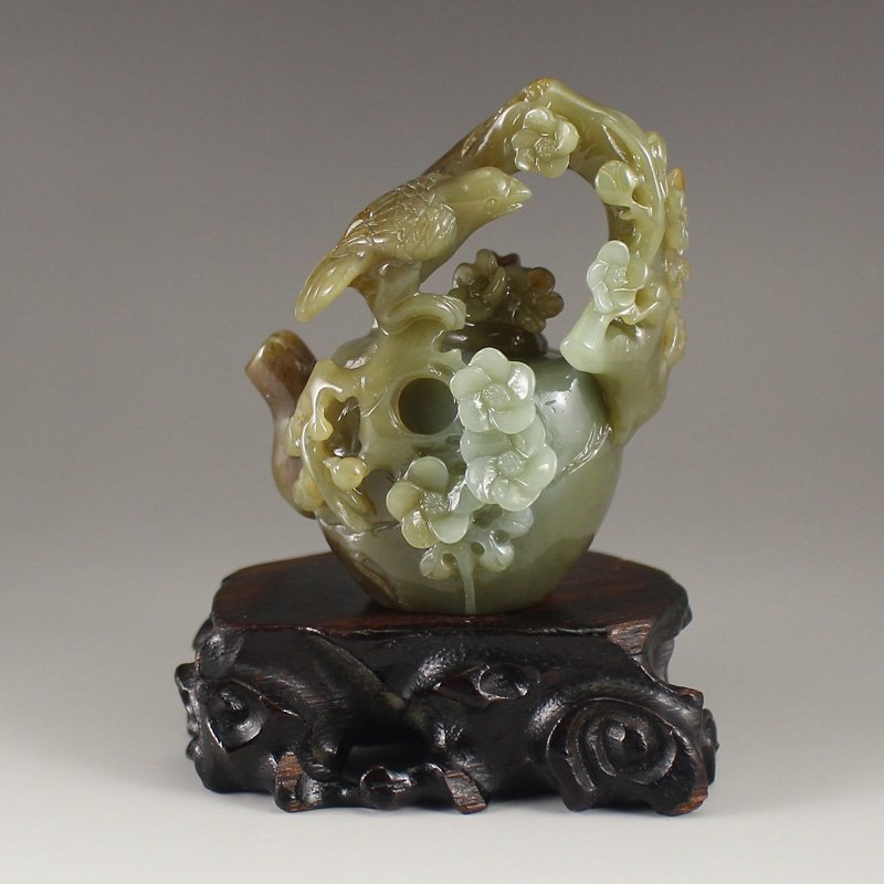 Chinese Hetian Jade Teapot w Magpie & Plum Flower (1 of 7)