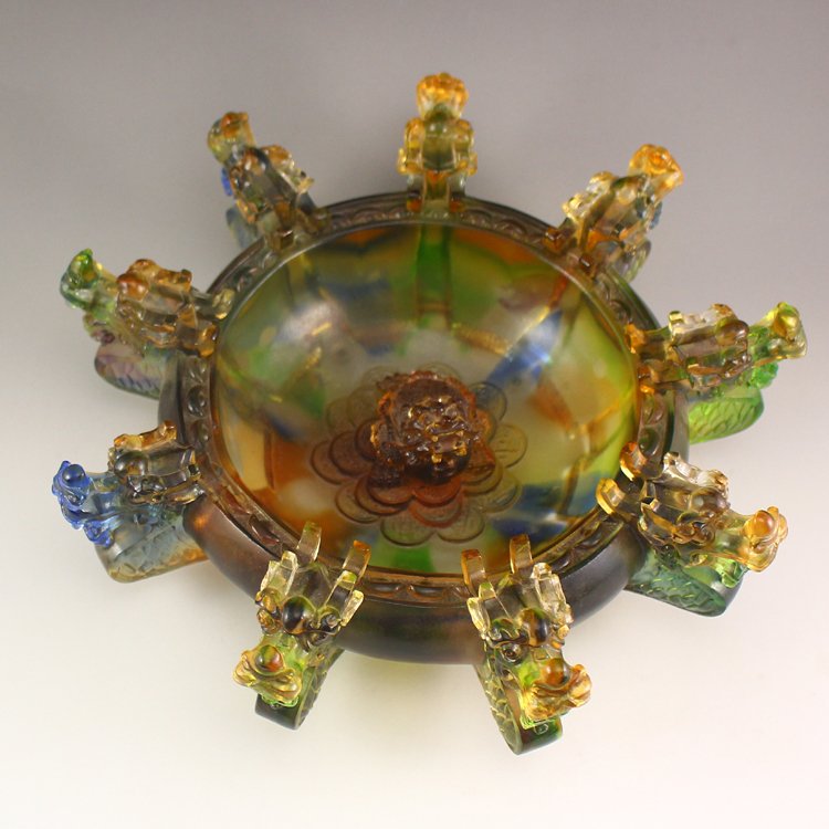 Chinese Peking Glass Nine Dragons Brush Washer: Chinese Beijing / Peking Glass Nine Dragons Brush Washer Dimension: 230*230*85(mm) 9.06*9.06*3.35(in) Weight 5.29 lbs/2398 g