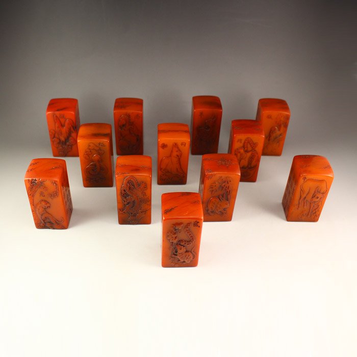 A Set Chinese Shoushan Stone Seals w Chinese Zodiac (1 of 10)