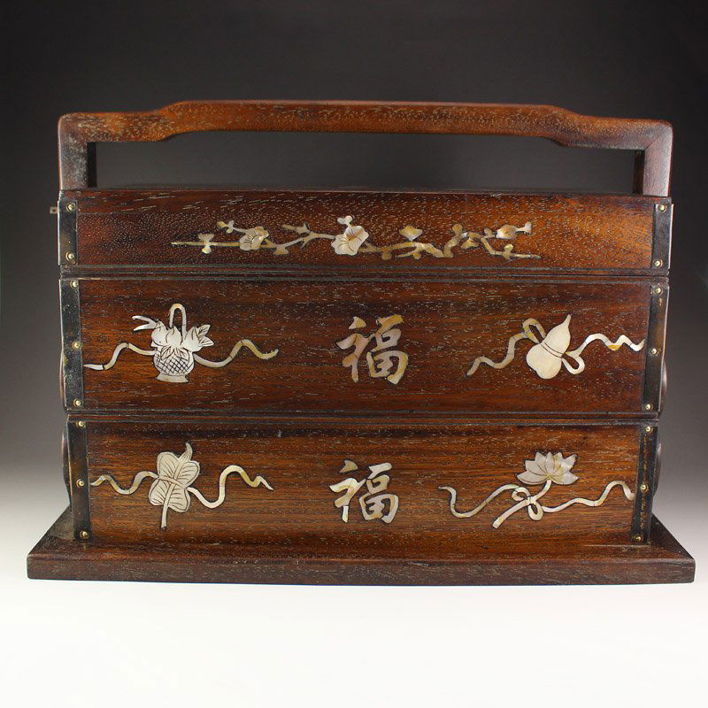 Chinese Zitan Wood Inlay Shell Food Box (1 of 9)
