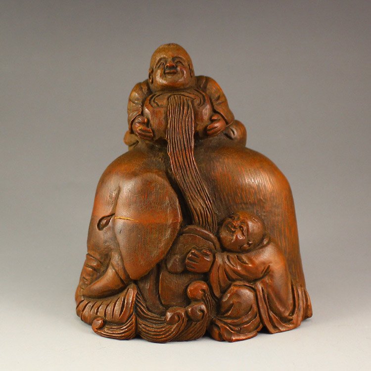 Chinese Bamboo Root Statue - Elephant & Fortune Kid (1 of 6)