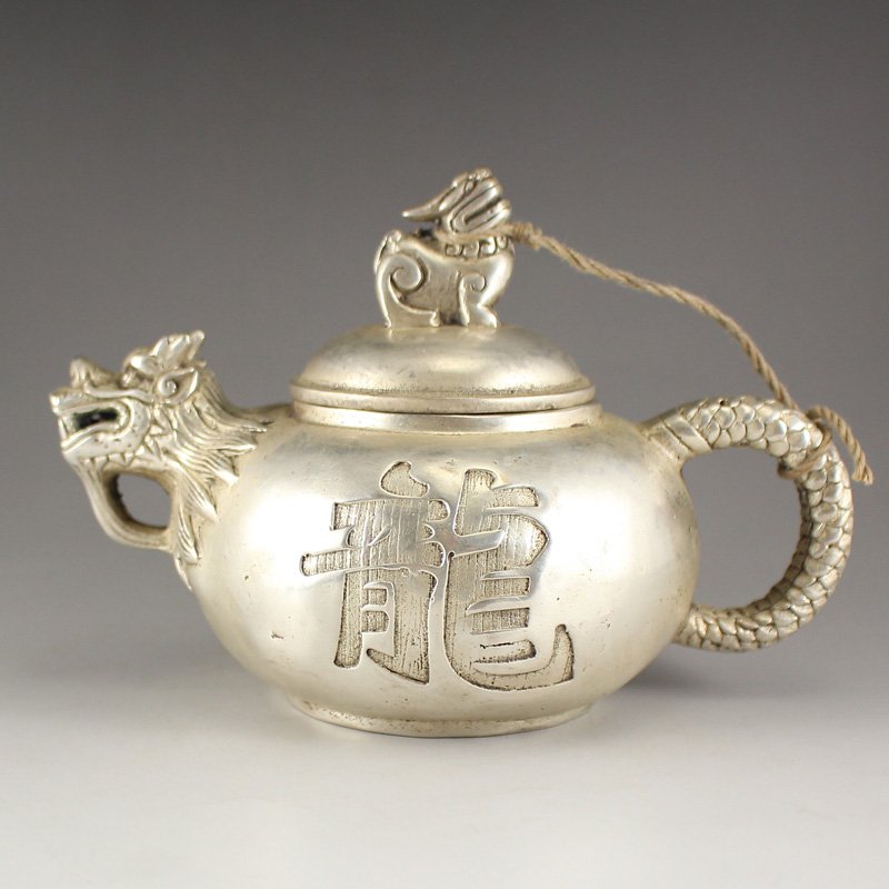 Chinese White Copper Dragon Head Teapot w Marked (1 of 6)