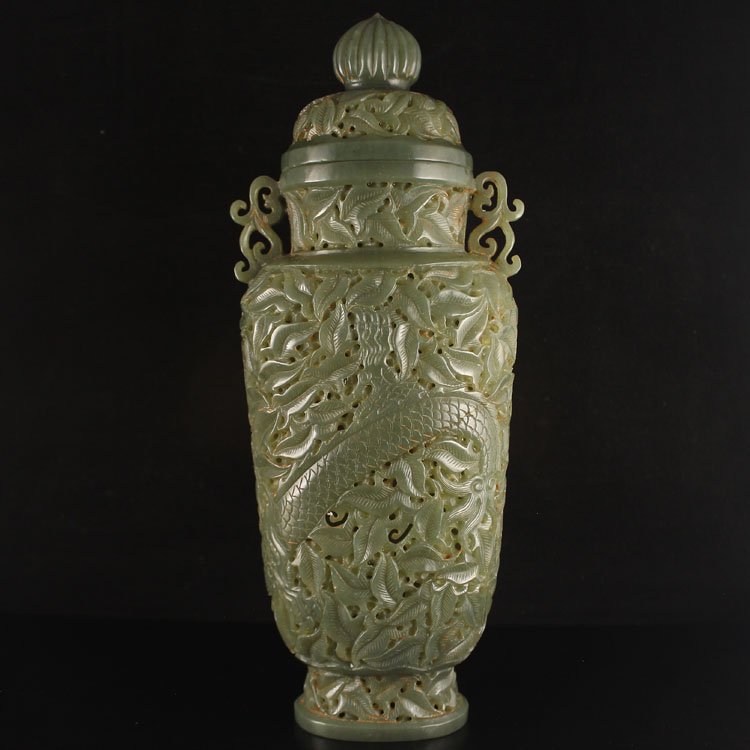 Vintage China Hetian Jade Double Ears Luck Dragon Vase (1 of 8)