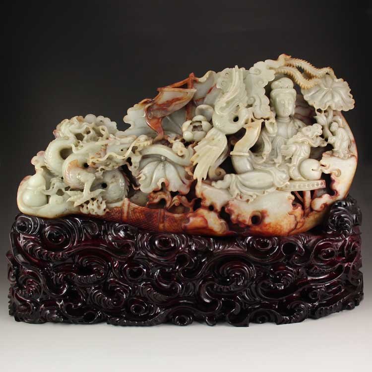 Old Chinese Hetian Jade Dragon Phoenix Kwan-yin Statue (1 of 10)