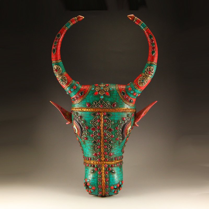 Chinese Tibet Bronze Inlay Gemstone Ox Head Statue (1 of 10)