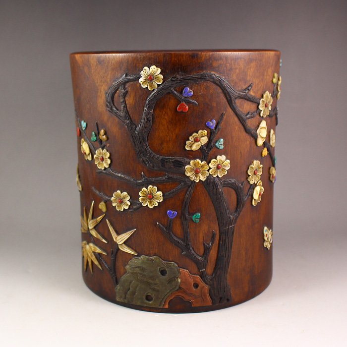 Chinese Qing Dynasty Zitian Wood Inlay Shells Brush Pot (1 of 9)