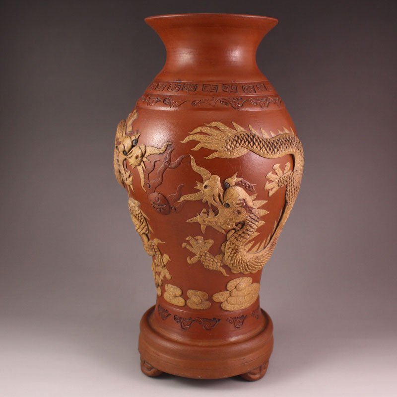 Chinese Yixing Zisha / Purple Clay Lucky Dragon Vase: Handmade Chinese Yixing Zisha / Purple Clay Low Relief Lucky Dragon Vase Dimension:260x125x125(mm)10.24x4.92x4.92(inches) Weight 2.88 lbs/1305 g