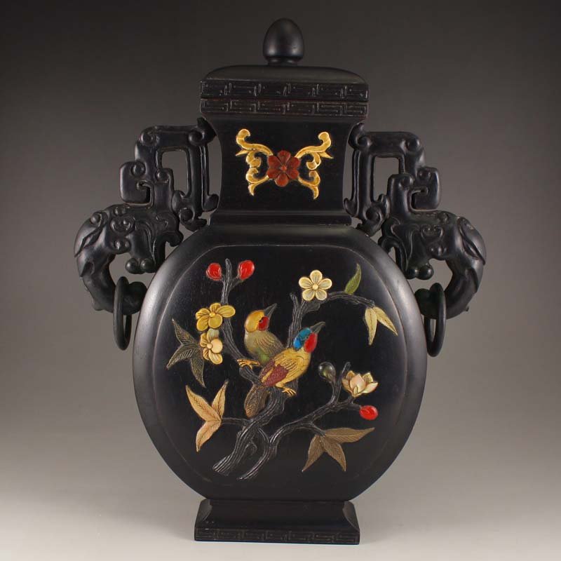 Chinese Qing Dynasty Zitan Wood Inlay Conch & Gem  Vas (1 of 9)