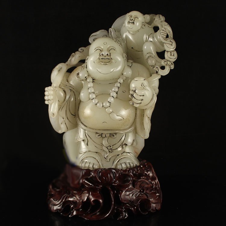Chinese Qing Hetian Jade Statue - Laughing Buddha & Kid (1 of 9)