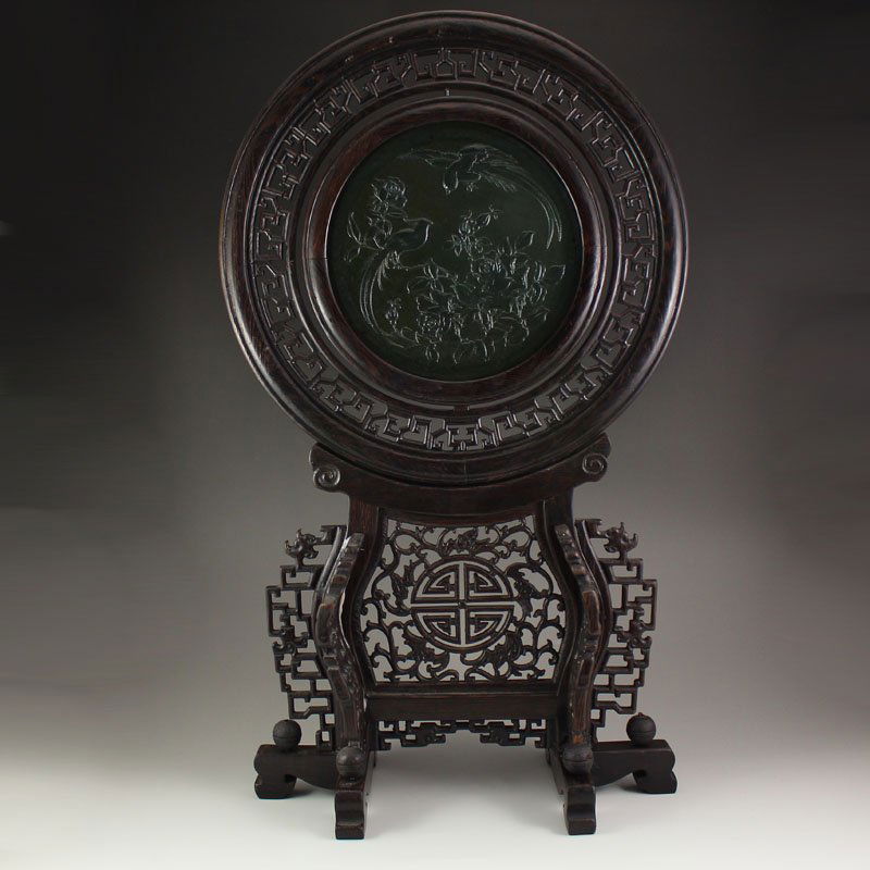 Chinese Zitian Wood Inlay Green Hetian Jade Screen (1 of 9)