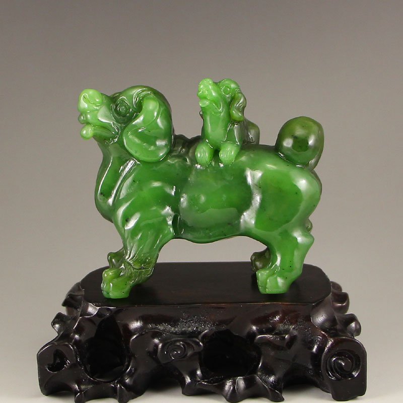 Chinese Natural Green Hetian Jade Fortune Dogs Statue (1 of 7)