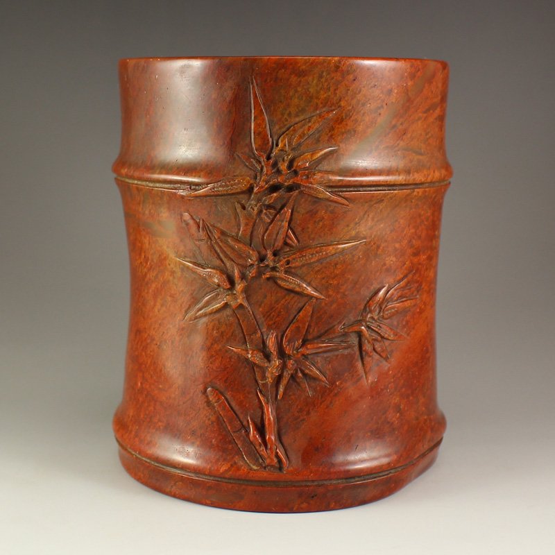 Vintage China Shoushan Stone Brush Pot w Cicada& Bamboo (1 of 9)