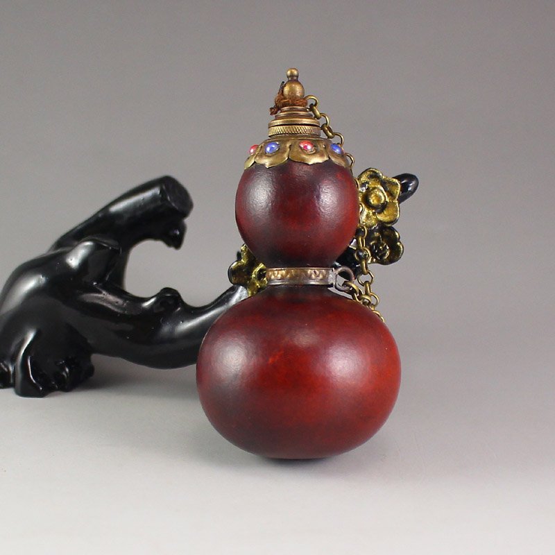 Vintage Chinese Gourd Inlay Brass Gems Snuff Bottle (1 of 5)