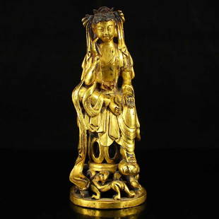 Chinese Liao Dynasty Gilt Gold Bronze Kwan-yin Statue: &#20013;&#22283;&#36988;&#20195; &#37775;&#37329;&#38738;&#37509;&#35264;&#38899;&#38613;&#20687; Chinese Liao Dynasty Gilt Gold Bronze Kwan-yin Statue Dimension: 145x60x60(mm)5.71x2.36x2.36(inches) W