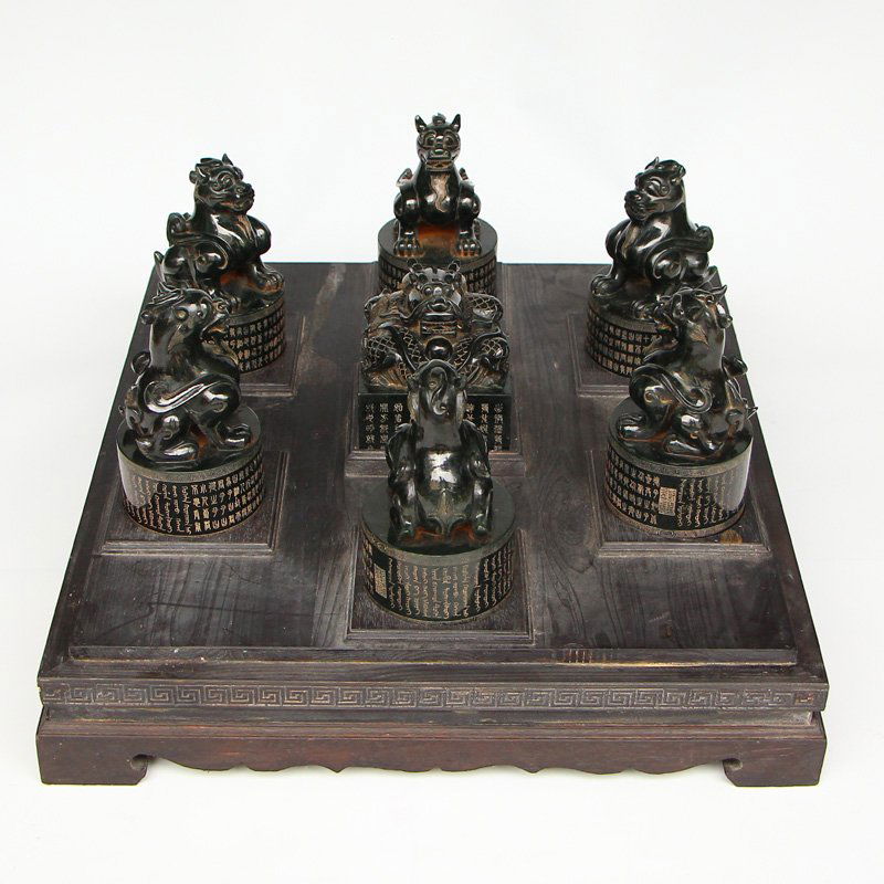 Chinese Green Hetian Jade Seals & Zitan Wood Box (1 of 10)