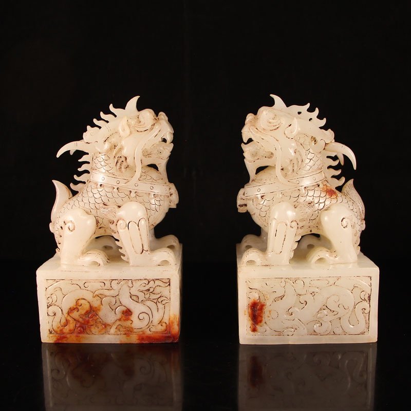 A Pair Vintage Chinese Han Dy Hetian Jade Kylin Seals (1 of 10)