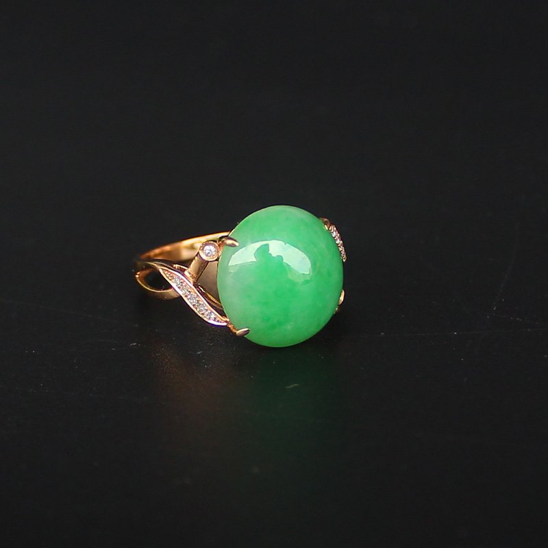 18K Gold Inlay Natural Green Jadeite Diamond Ring (1 of 8)