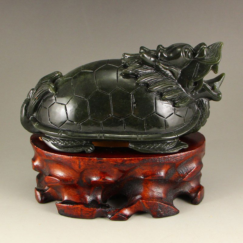 Chinese Deep Green Hetian Jade Dragon Turtle Statue (1 of 6)