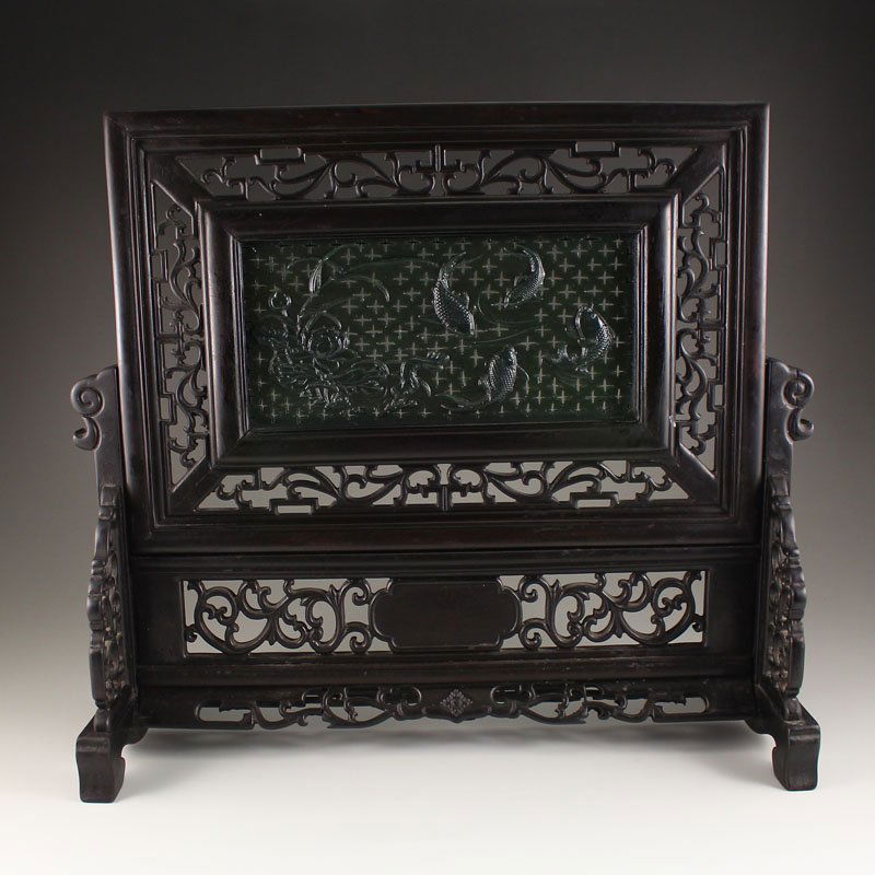 Chinese Zitan Wood Inlay Green Hetian Jade Screen (1 of 8)